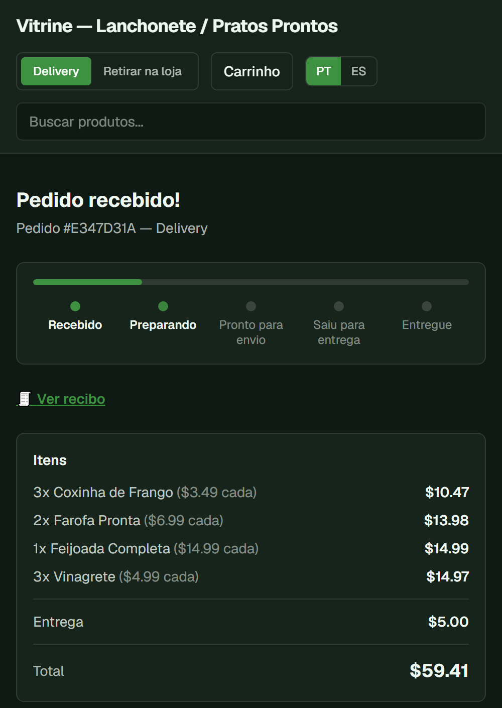 Tela de acompanhamento do pedido no celular, com barra de progresso, itens, entrega e total